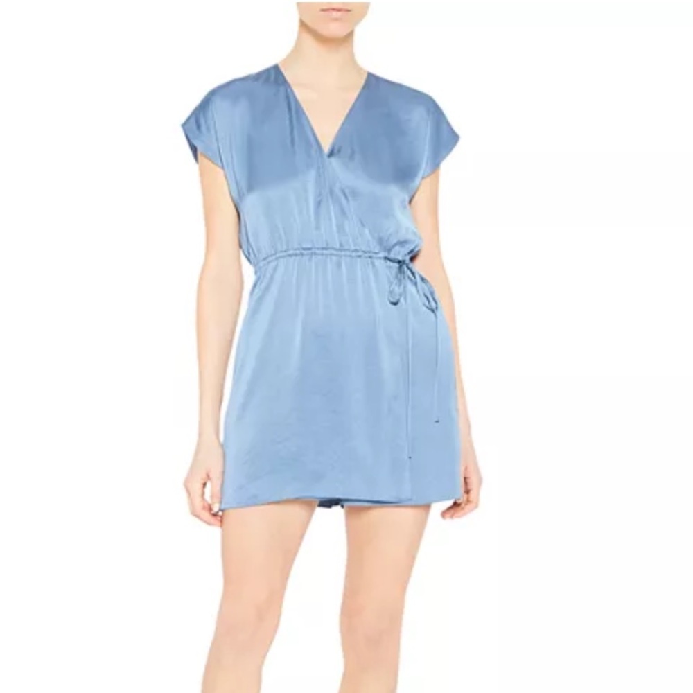 Theory Satin Wrap Romper Steel Blue Size S